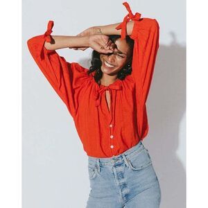 CLEOBELLA Ryan Red organic cotton button front sleeve tie blouse top US Small